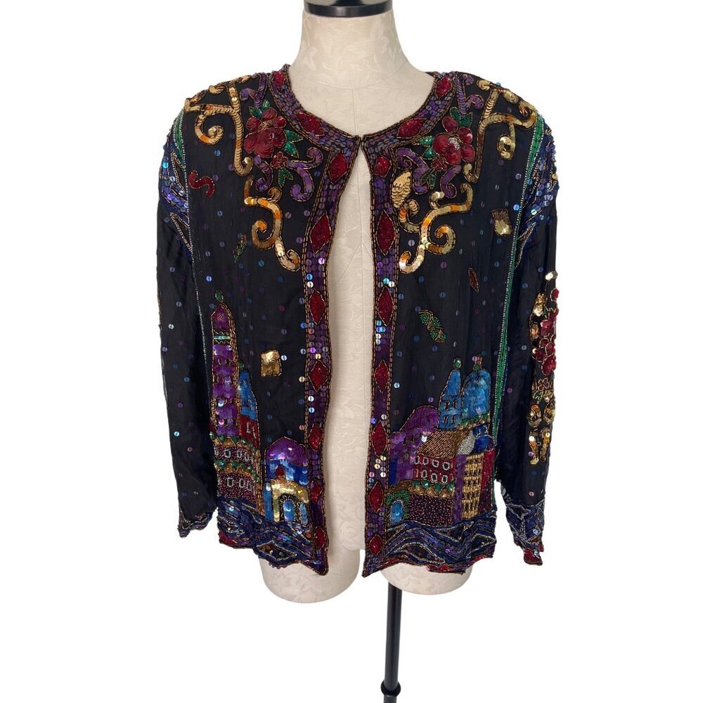 Together Vintage Womens Jacket Size 2X Black Sequin Long Sleeve Pure Silk